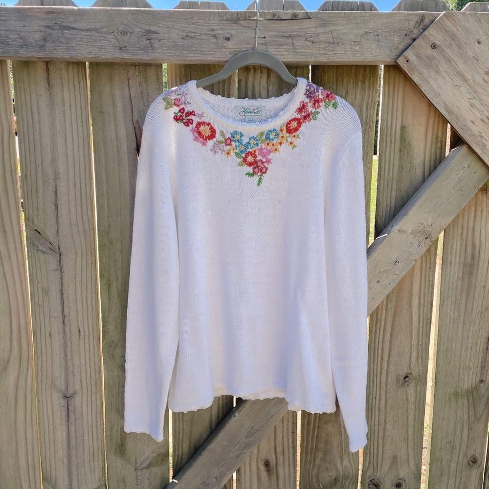Haband 90s Y2K Embroidered Floral Cotton Blend Knit Sweater Top